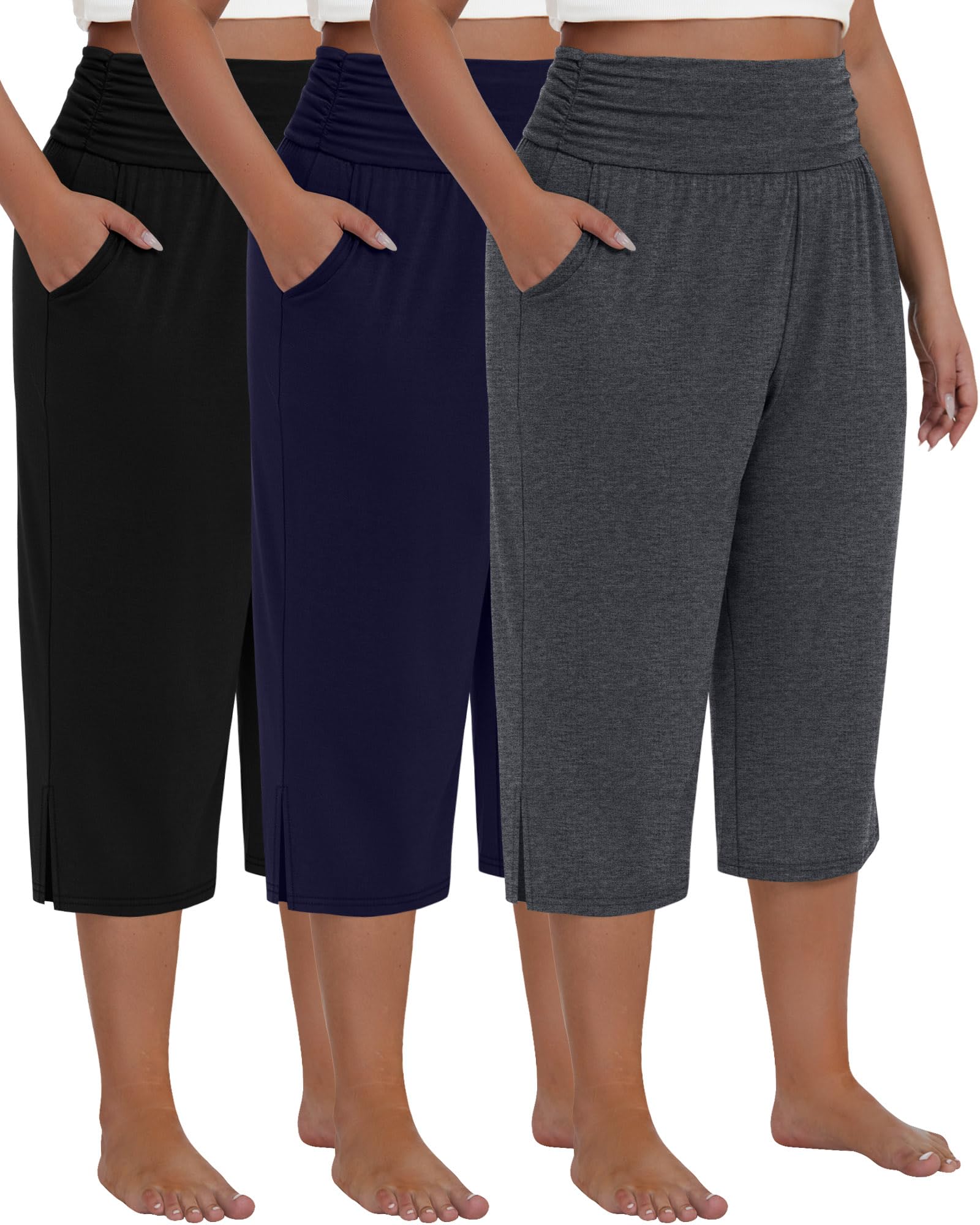 Photo 1 of Neer 3 Pack Women's Plus Size Cotton Capri Pants High Waisted Wide Leg Loose Lounge Yoga Cropped Sweatpants with Pockets(Black,Dark Mixed Gray,Navy Blue,4XL)