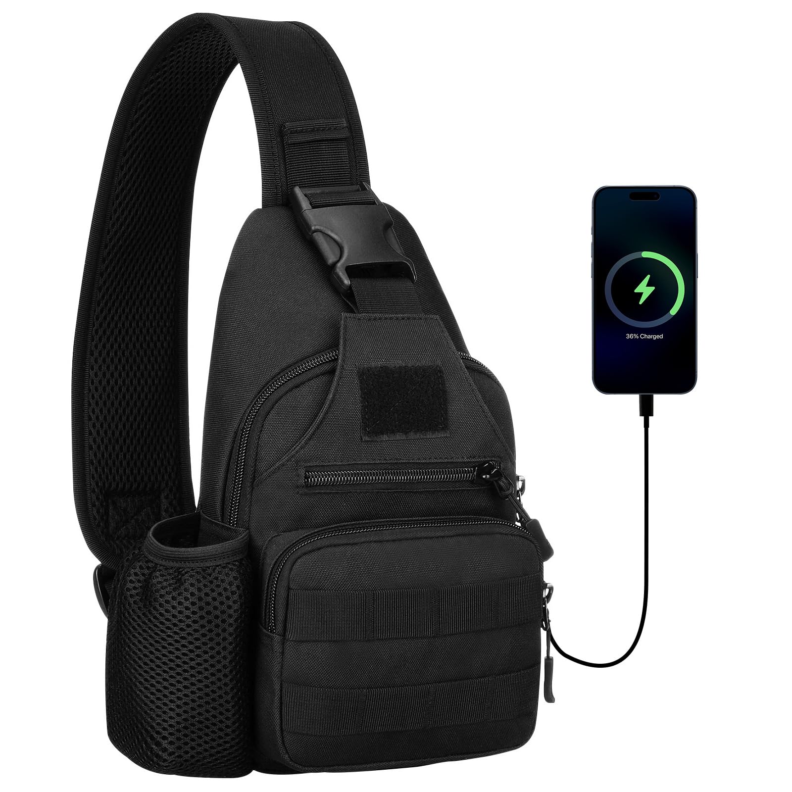 HUNTVP Tactical Military Chest Bag Molle Crossbody Shoulder Sling Pack Backpack with Water Bottle Holder USB Outlet, Black