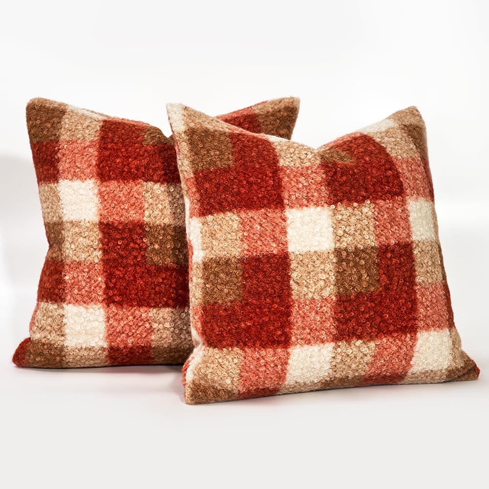 Photo 1 of JOJOGOGO Fall Orange Halloween Buffalo Plaid Sherpa Pillow Covers 18x18 Set of 2, 18 x 18 Cozy Fluffy Curly Farmhouse Checkered Pillow Covers, Orange Autumn Sweater Cable Knit Couch Throw Pillows