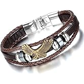 Flongo Men's Vintage Bronze Eagle Brown Braided Leather Multi-Strand Wristband Wrap Bracelet Tribal, 8.5 inch
