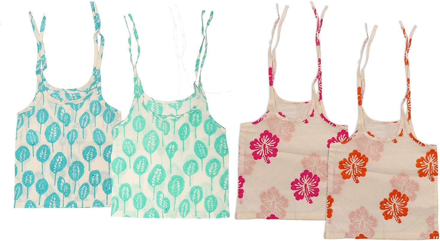 KolorFish Infant New Born Baby Jhabla (0-3 Months), 100% Soft Cotton, Block Printed (Made in India) Set of 4 pcs - Cotton Gift Bag Included (Flower)