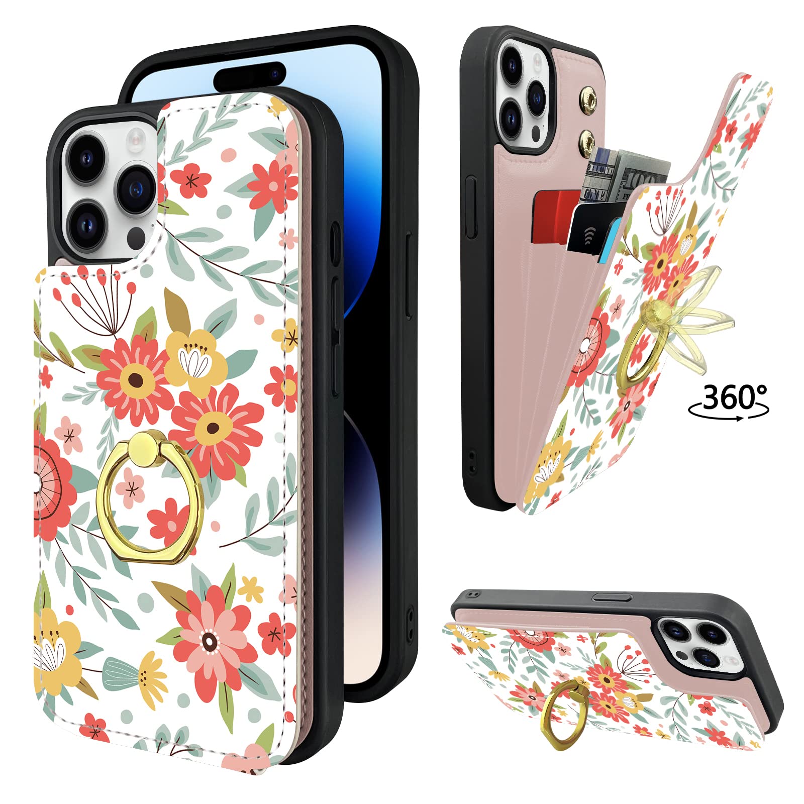Photo 1 of ????TopPerfekt Compatible with iPhone 14 Pro Max Wallet Case with Card Holder, 360°Rotation Finger Ring Holder Kickstand Protective RFID Blocking PU Leather Pattern Double Buttons Flip 6.7" Floral
