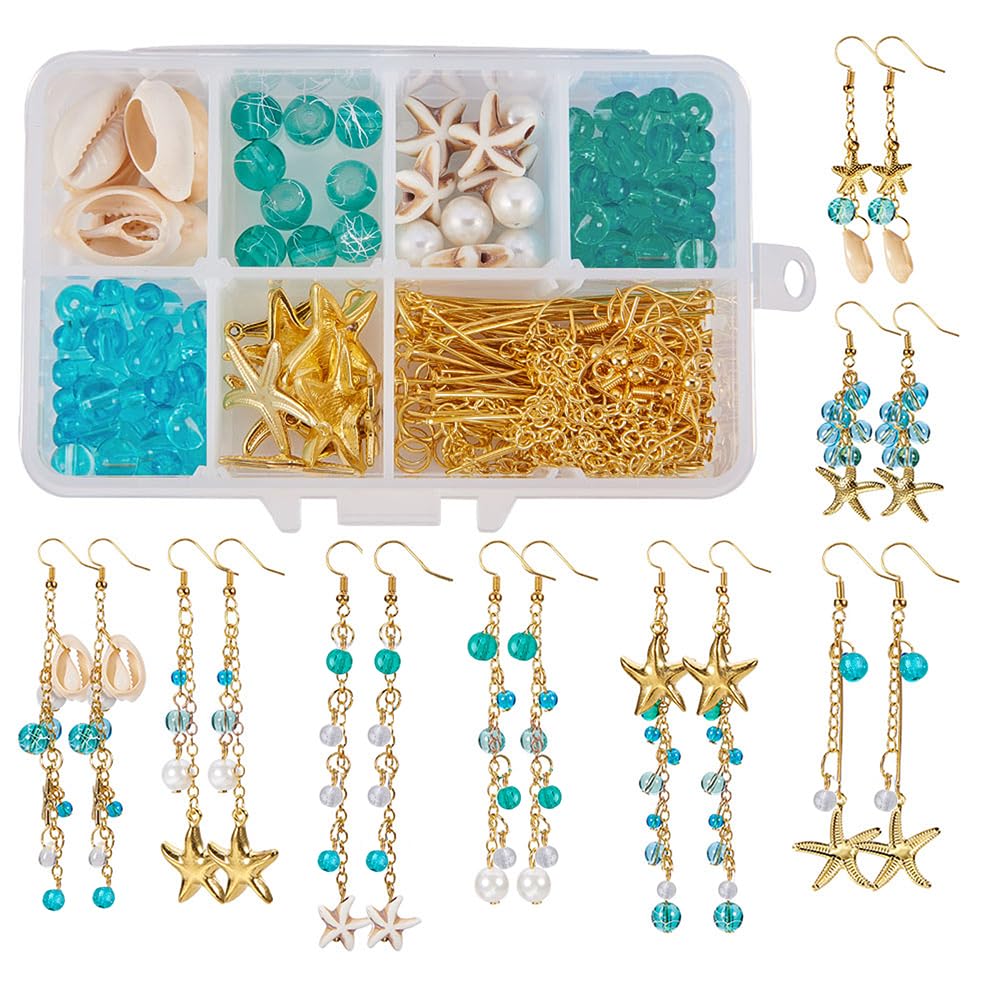 SUNNYCLUE 1 Box DIY 8 Pair Starfish Cowrie Shell Dangle Earring Making Kit Jewellry Making Supplies Beading Starter Kits for Beginner Adults, Fish Hook, Ocean Beach Theme
