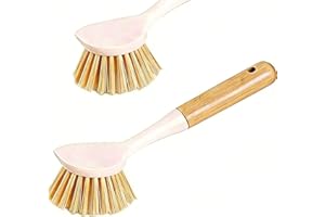 2 Pack Bamboo Handle Kitchen Dish Brushes with Built-in Scraper, Heavy-Duty Dish Scrubbers for Pans, Pots, Sink & Counter Cle