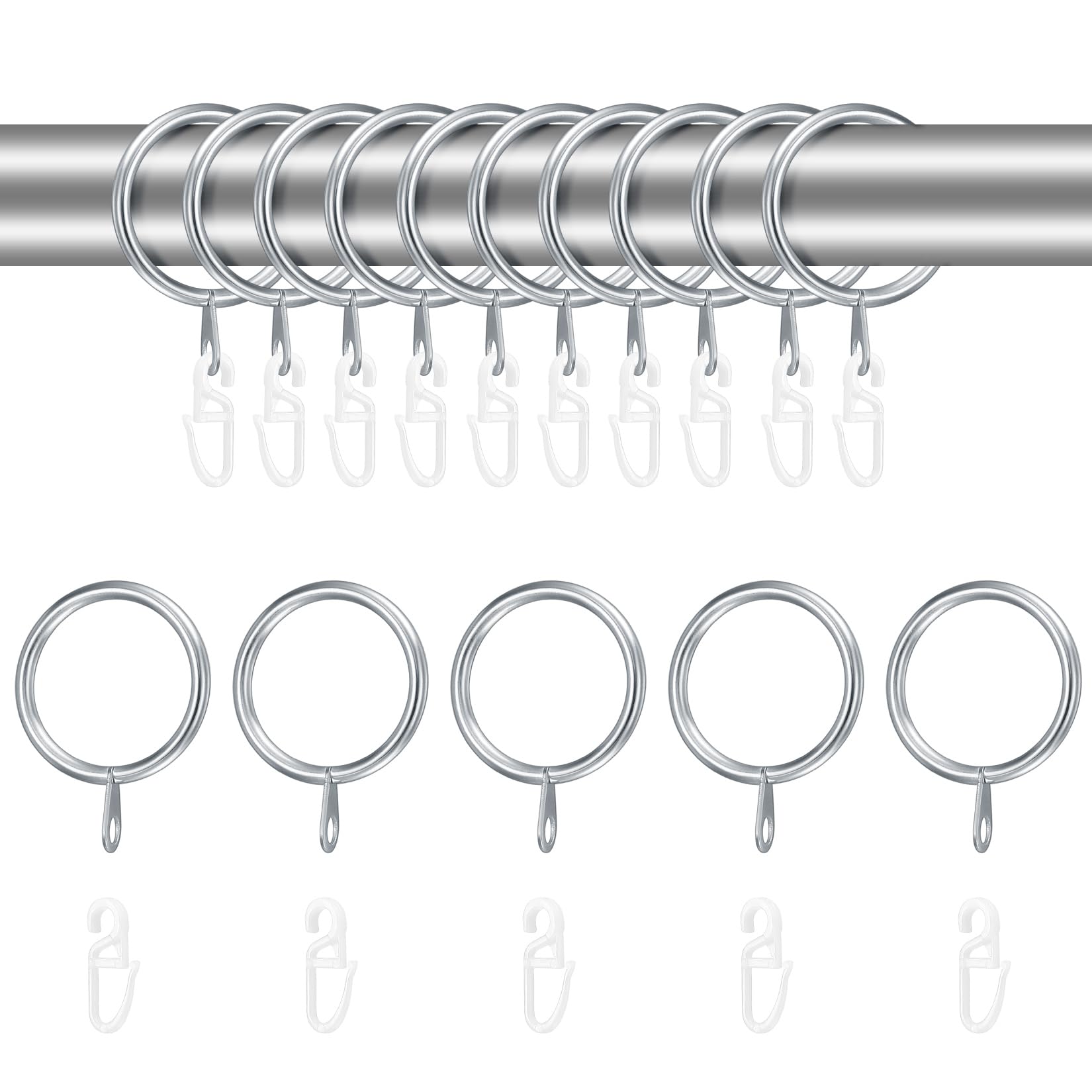 24 Sets Sterling Metal Curtain Hooks & Rings, 24 Sliding Eyelet Hooks for Curtain Rods