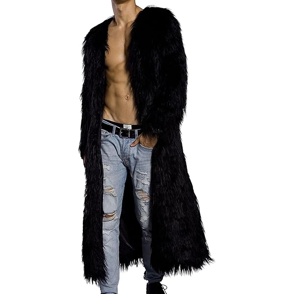 Men's Shaggy Full Length Warm Coat Fluffy Long Sleeve Faux Fox