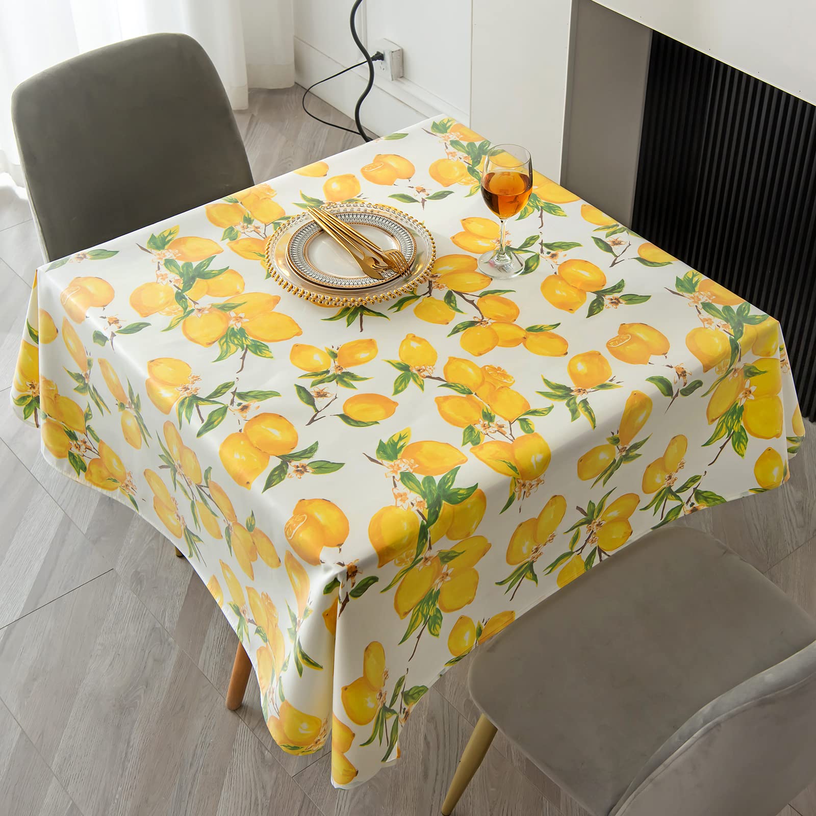 PUDSIRN Lemons Table Cloth, Spring and Summer Tablecloth Yellow Table Cover, Polyester Fabric Waterproof Stain-Resistant Table Cloth, for Kitchen Party Picnic Indoor Outdoor Use (140 x 140 cm)