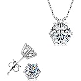 Celestara Jewelry 925 Sterling Silver Moissanite Jewelry Set - Classic European Design Necklace Earrings Set with Round Cut Moissanite Pendant - Adjustable Chain - Gift Box