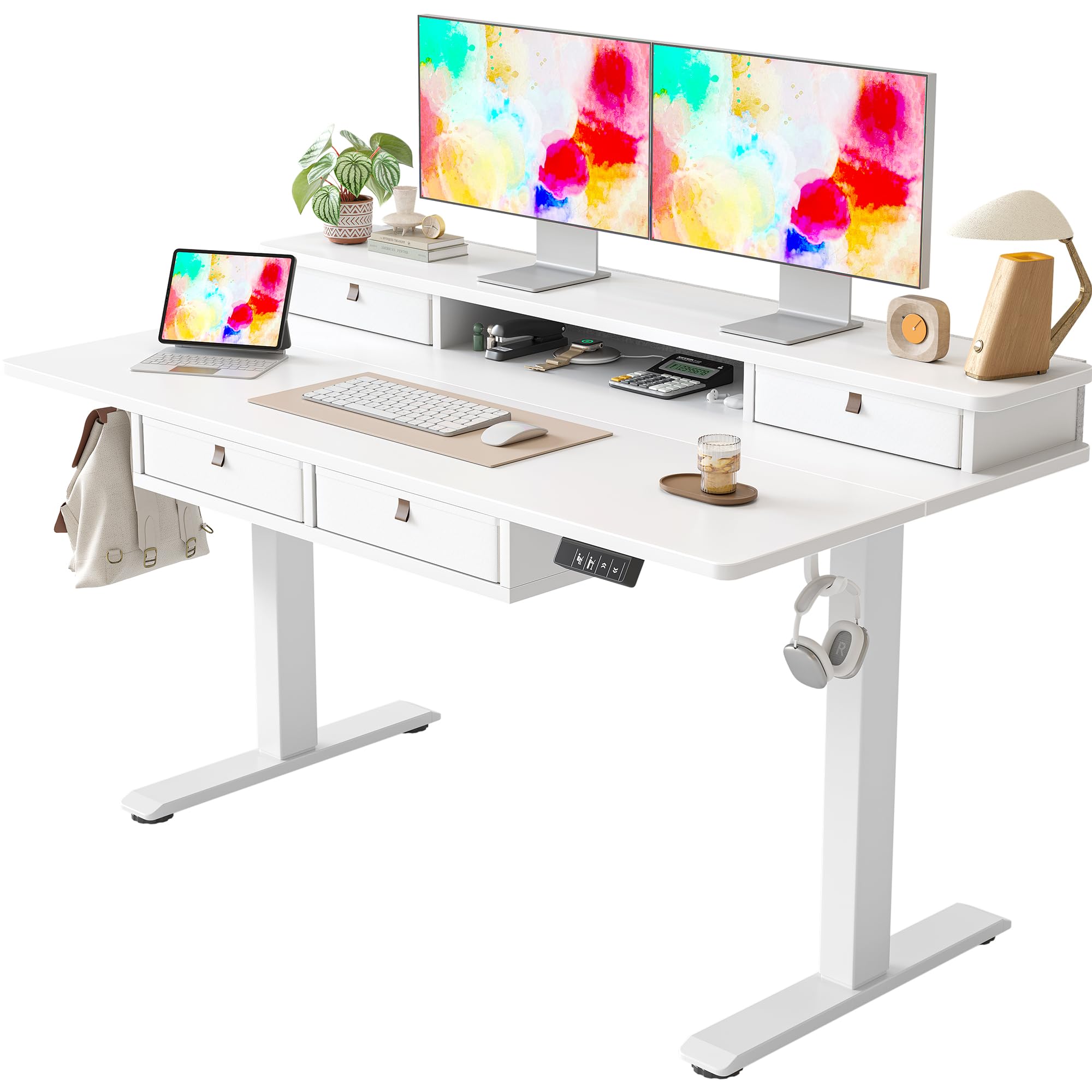 Photo 1 of ***FACTORY SEALED*** TIQLAB 55 * 28 Inch Standing Desk with Four Drawers, Electric Sit Stand Table, Stand Up Desk Adjustable Height with Storage Shelf, Splice Board, White