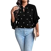 WDIRARA Women's Plus Size Summer Polka Dots Pearls Tie Neck Ruffle Sleeve Blouse Tops
