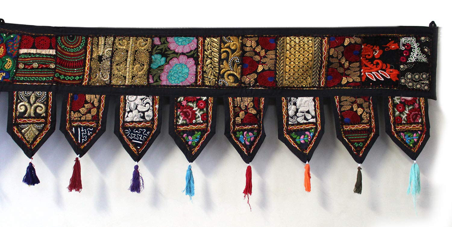 ICC valances for Windows Toran Cotton Vintage Patchwork Door Hanging Valance Window Hand Embroidered Bohemian Decor Living Room Wall Bedroom Living Room Home Handmade Decorations Black 42 Inches