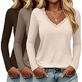 Huukeay 3 Pack Women's Lace Long Sleeve Shirts Deep V Neck Modal Basic Tees Slim Fit Casual Sexy Fall Y2k Going Out Tops