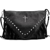 Black Fringe Crossbody Purse For Women Gothic Western Studded Tassel Bag | Black Vegan Suede Crossbody Bag Featuring Gothic Studs And Western Fringe Tassels Perfect For Music Festivals And Daily Wear
