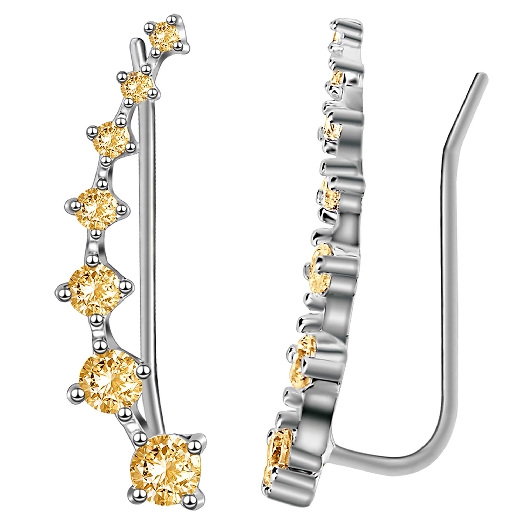 7 Crystals Ear Cuffs Hoop Climber S925 Sterling Silver Earrings Hypoallergenic Earring (Yellow)