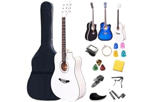 Rosefinch Acoustic Guitar for Beginner Adult 4/4 Full Size Cutaway Acustica Guitarra 41 inch All Wood Instrument Bundle Kit with Tuner Bag Strap Capo Pick 6 Strings, Right Hand 41"White