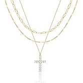 Poxtex Layered Gold Necklaces for Women, Stackable Dainty 14K Gold Silver Plated Trendy Simple Heart Diamond Cross Bow Circle Pendant Paperclip Choker Dot Chain Necklace,Jewelry Set Gifts for Women