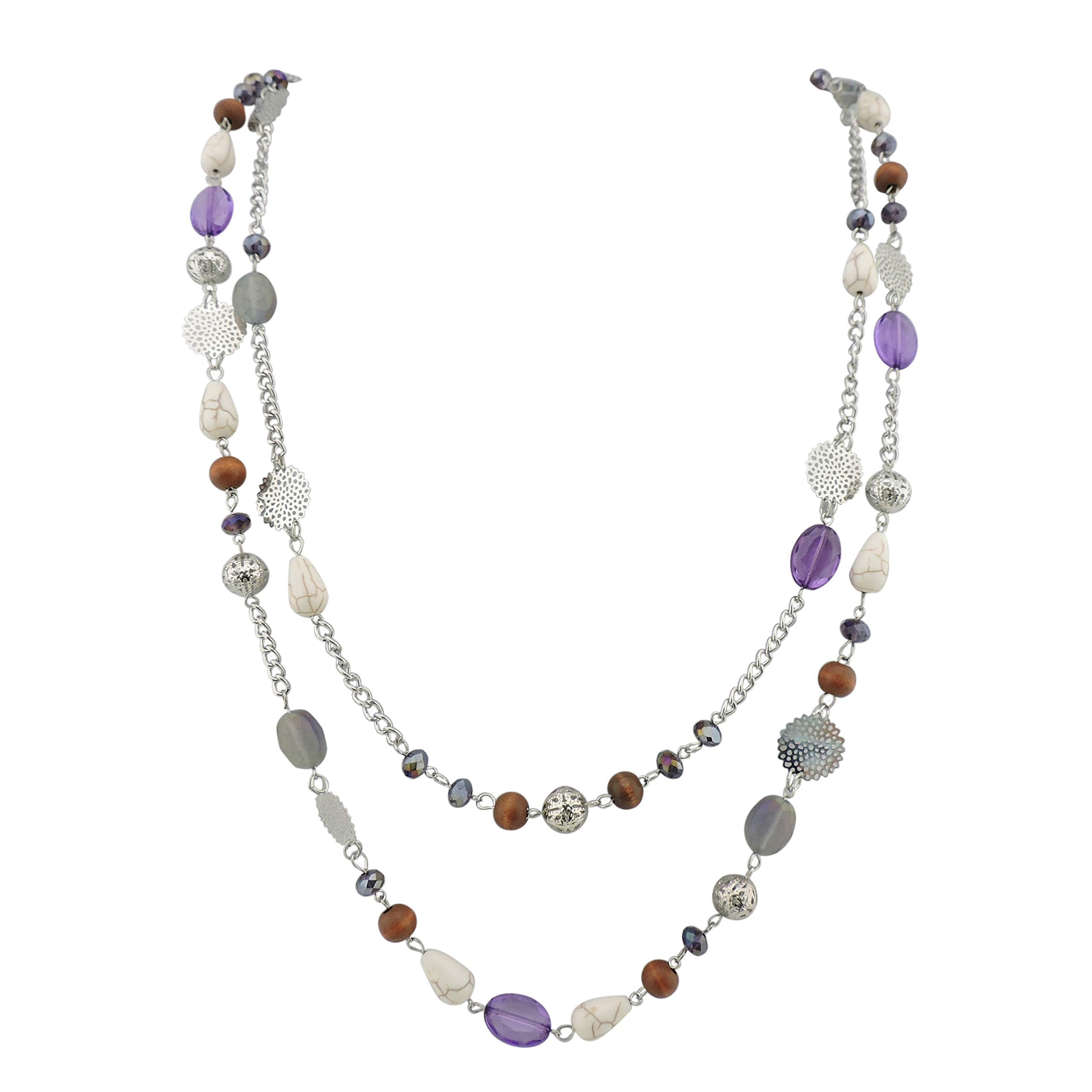 Bocar 14K Gold Plated Link Chain 2 Layer Crystal Wood Acrylic Colorful Women Party Long Necklace Gift (NK-10084-purple) โ image 1