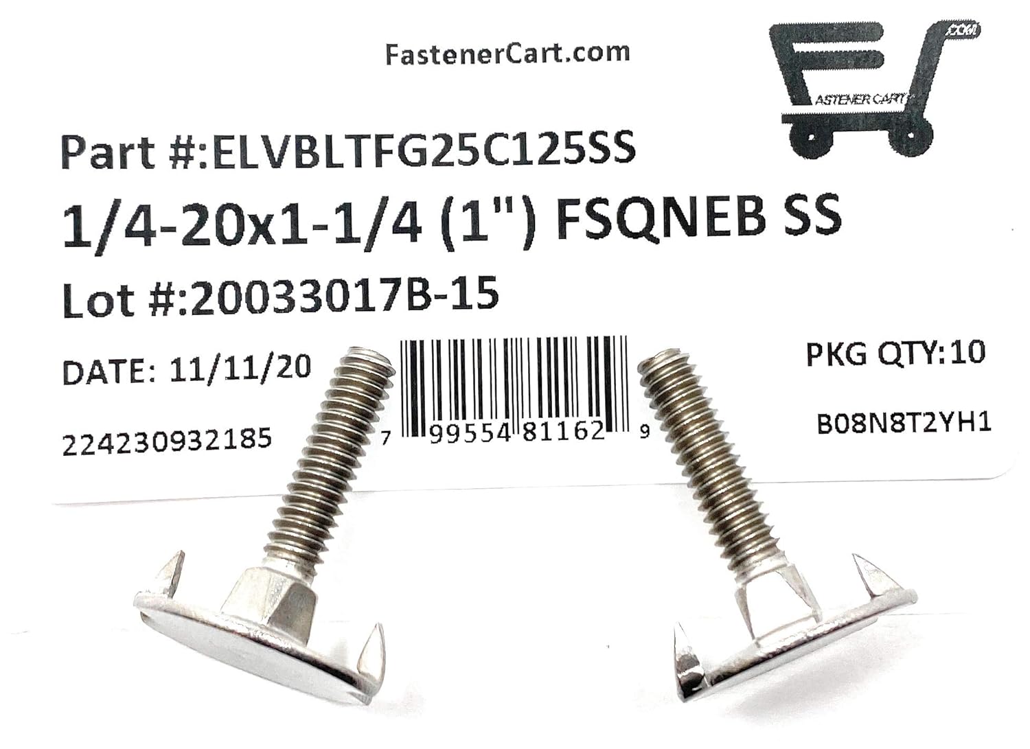 1/420x11/4 Stainless Steel Fanged Elevator Bolt Square Neck 10 1 Diameter Head 188