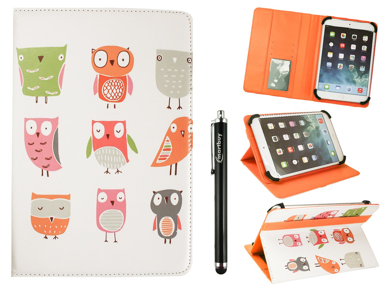 Emartbuy Universal 10-11.5 Inch Cartoon Owls Multi Angle Folio Wallet Case Cover With Card Slots Orange Elastic Strap and Stylus Pen Compatible With Selected Devices Listed Below