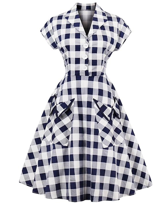 Women's 1950s Vintage Cap Sleeve V Neck Plaid Swing Dress