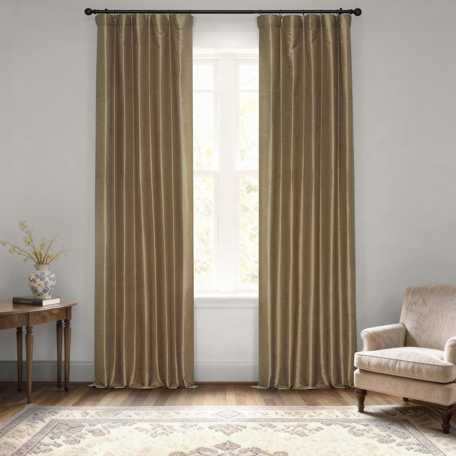 HPD Half Price Drapes Faux Silk Blackout Curtains 108 Inches Long for Bedroom & Living Room Vintage Textured Blackout Curtain (1 Panel), 50W x 108L, Flax Gold Image