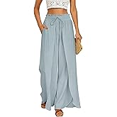 GRACE KARIN Women's Linen Pants Wide Leg Beach Dress Pants Tulips Side Split Slacks with Pockets Light Blue L