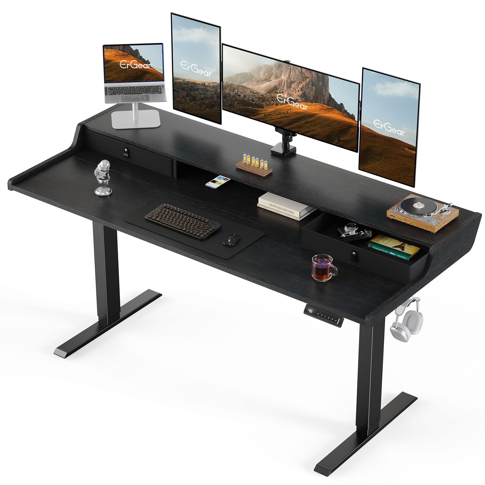 ErGear Electric Standing Desk with Drawers, 63″ x 28″ Gaming Table Compatible Monitor Stand, Stand up Desks, Home Office Height-Adjustable Desk with Storage Shelf, 4 Preset Heights, Black Image
