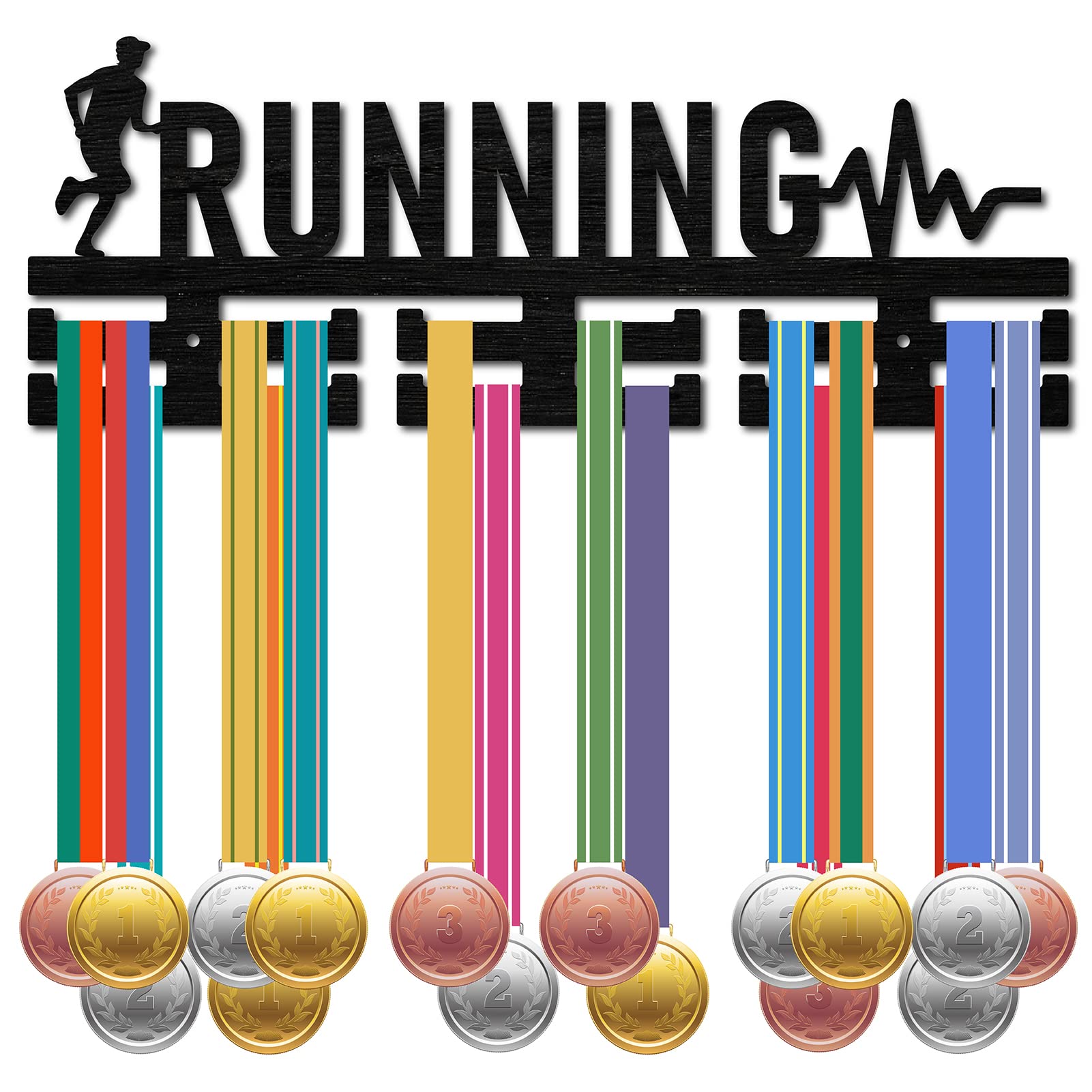 CREATCABIN Running Medal Holder Sport Medal Hanger Medal Rack Display Wall Rack Mounted over 30 Medals Wooden Heartbeat for Runners Swimming Bicycle Athletes Champions Medalist Black 15.7x5.1Inch