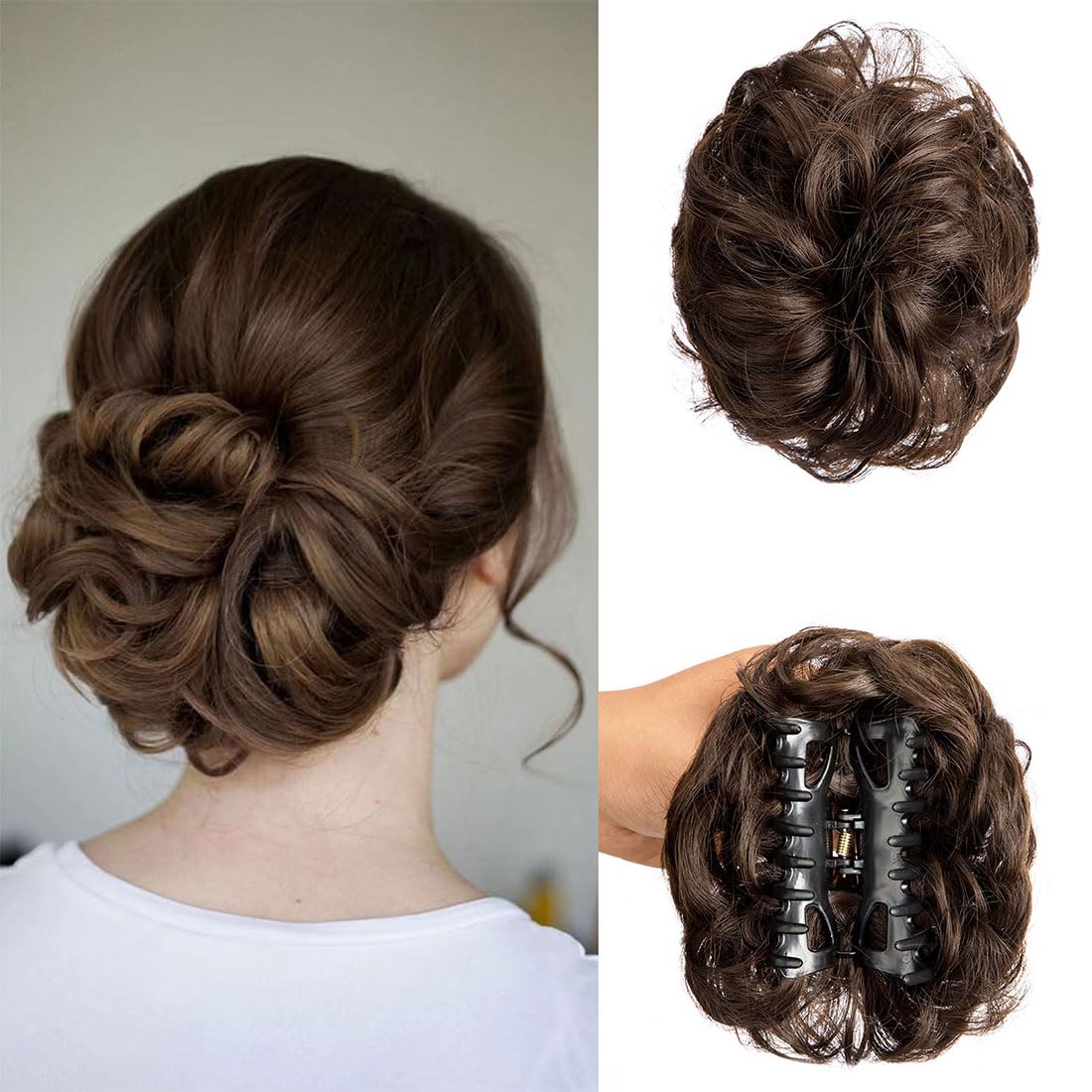 Claw Clip Messy Bun Hair Piece Tousled Updo Hair Buns Extension Elastic Hair Band Hair Pieces Curly Hair Bun Scrunchie For Women (Medium Brown)