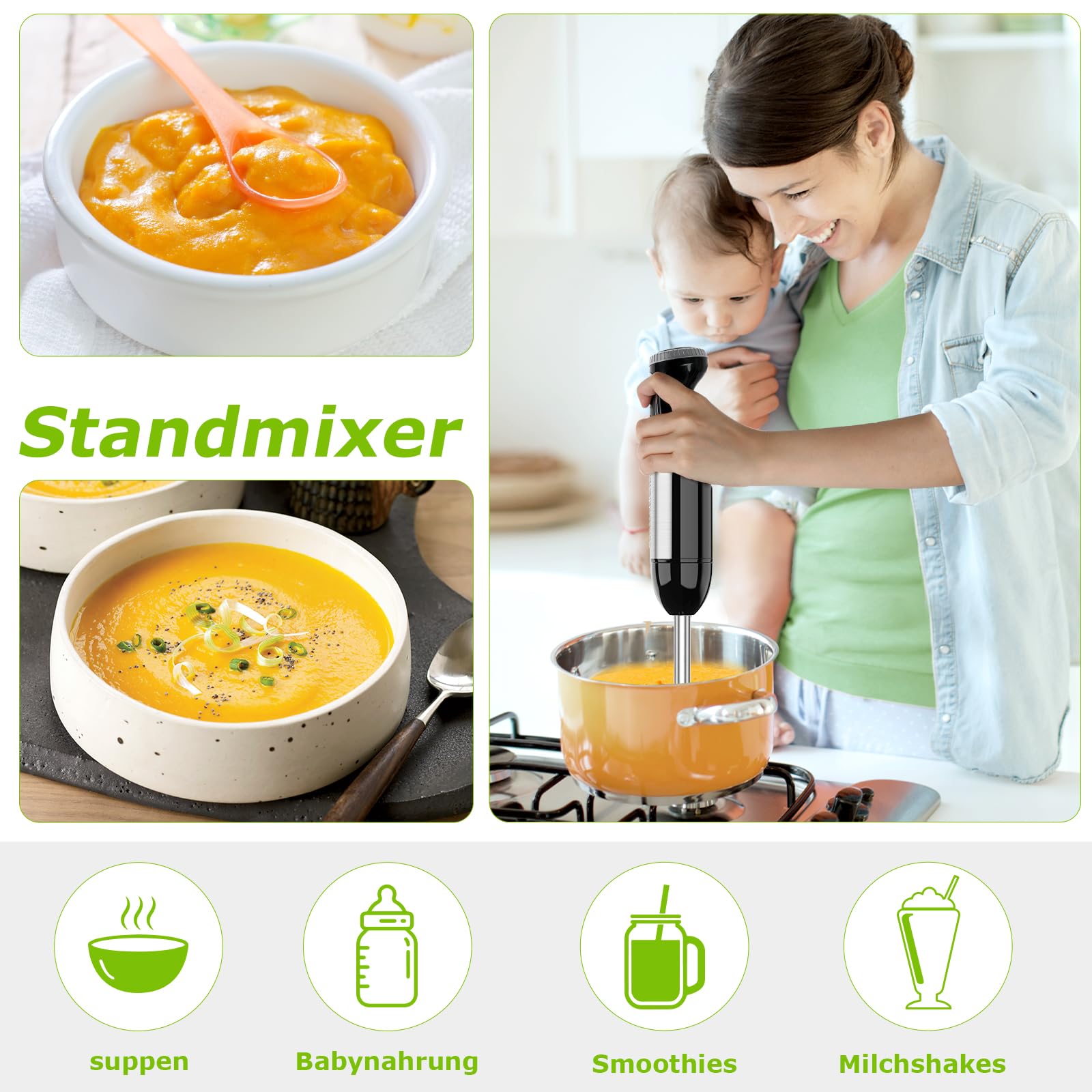 Bonsenkitchen Pürierstab, 4-en-1 Stabmixer Elektrischer, 1000W Stufenlos Geschwindigkeiten, Edelstahl, Schneebesen, 500ml Häcksler und 700ml Messbecher für Babynahrung, HB3203 (Schwarz) 3