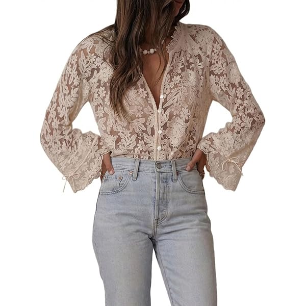 Women's Lace Mock Neck Crop Top Long Sleeve Crochet Hollow Out