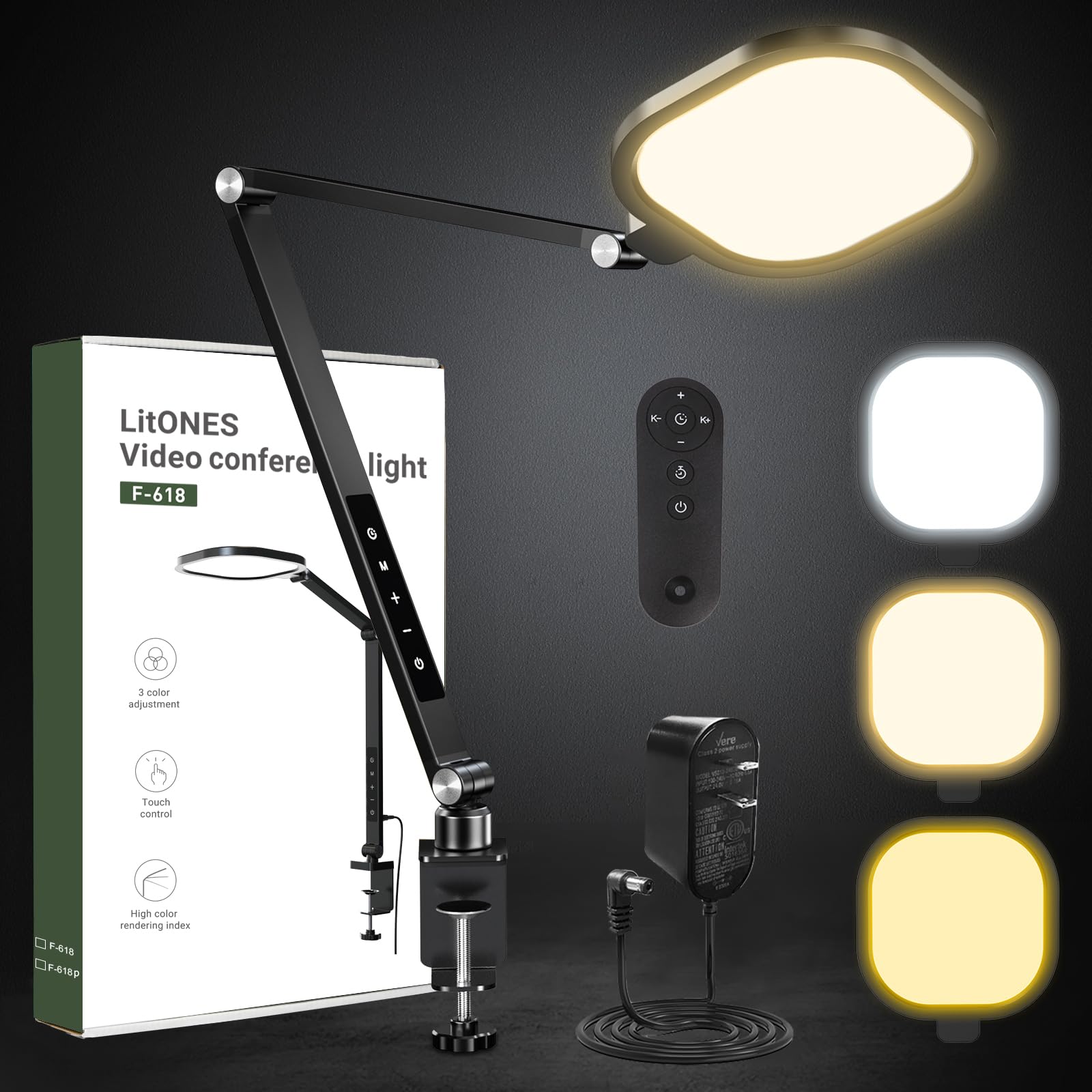 LitONES Video Conference Lighting for Computer, Dimmable Light for Video Recording, Meeting, Laptop & Webcam, 15W Ring Light for Desk with C- Clamp, Swing Arm, Remote, Memory & Timer CRI >95
