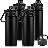 24oz Insulated Water Bottle with Straw Lid, Stainless Steel Metal Water Bottle with Straw & Wide Mouth Lid, Double Wall Vacuum Water Bottle for Hiking Camping, Black 4 Pack