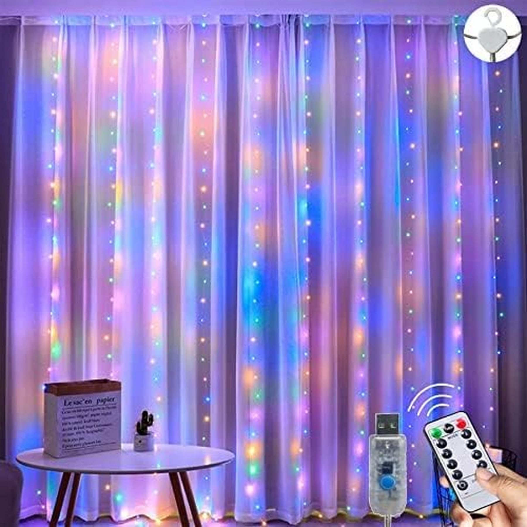 Lezonic Curtain Fairy Light, 3m×3m 300LED 8 Modes Remote Control Fairy Light, Curtain Lights USB Plug in for Bedroom, Garden, Party, Wedding, Christmas Decoration (Multi-Coloured)