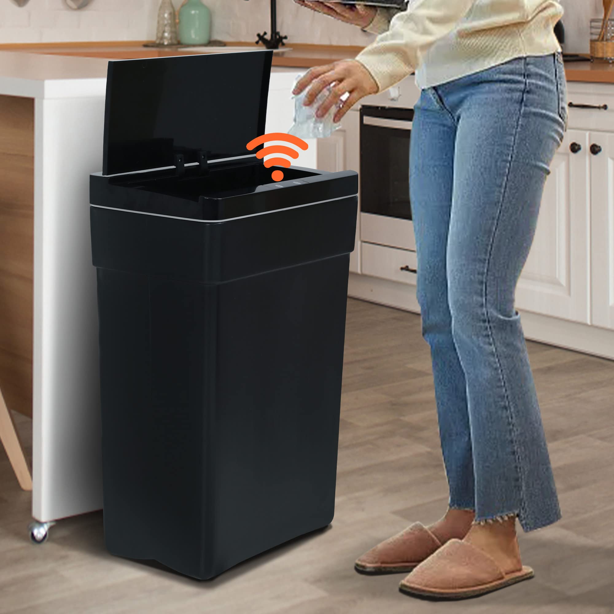 Photo 1 of 13 Gallon/50 L Kitchen Trash Can with Touch-Free & Motion Sensor Lid, Plastic Cute Automatic Trash Can for Bathroom & Bedroom