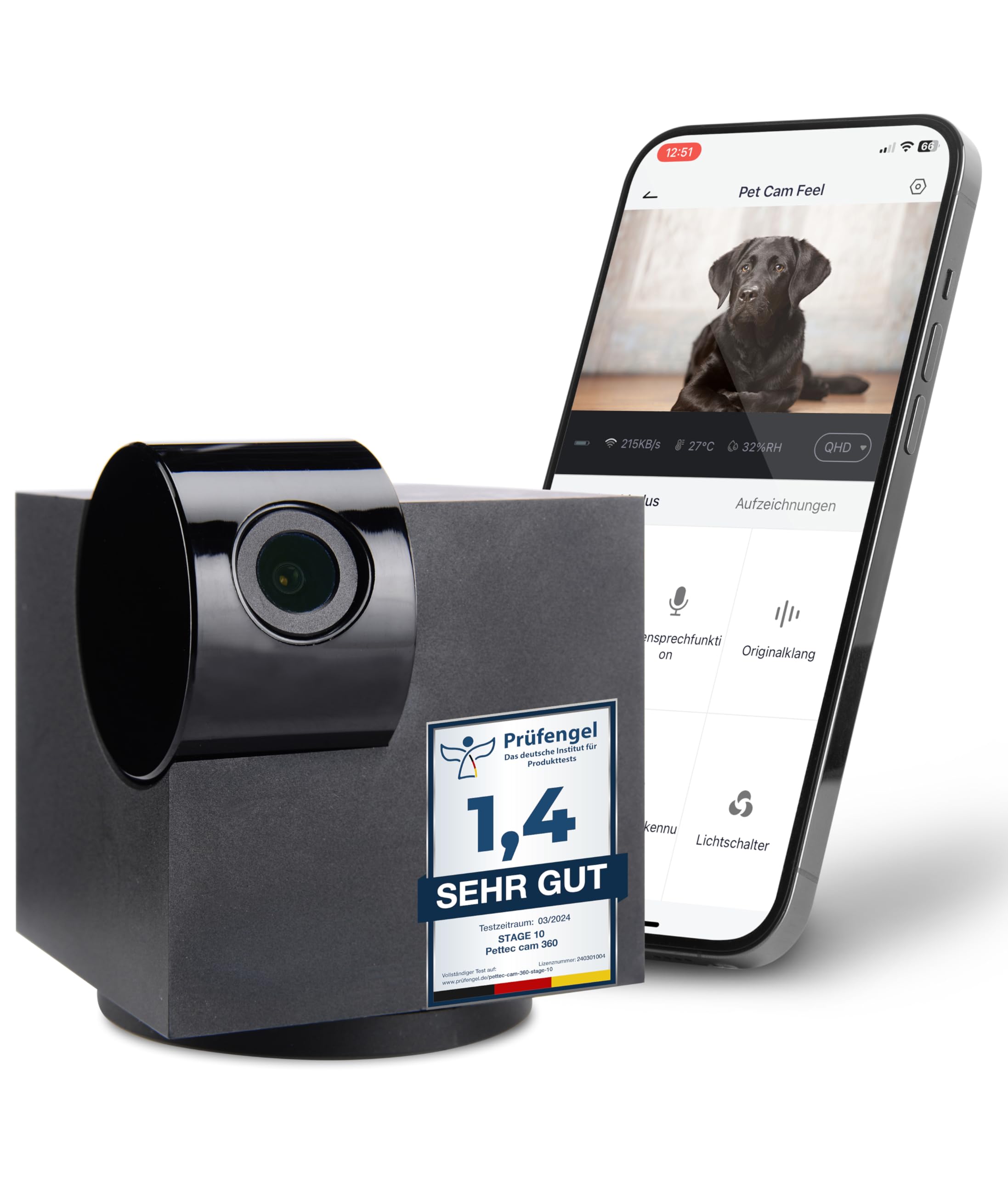 PetTec Cam Snoop Cube, App Driven Pet Smart Camera with Noise Detection, Full HD 1080p, 360° View, Microphone & Speakers, for IOS & Android