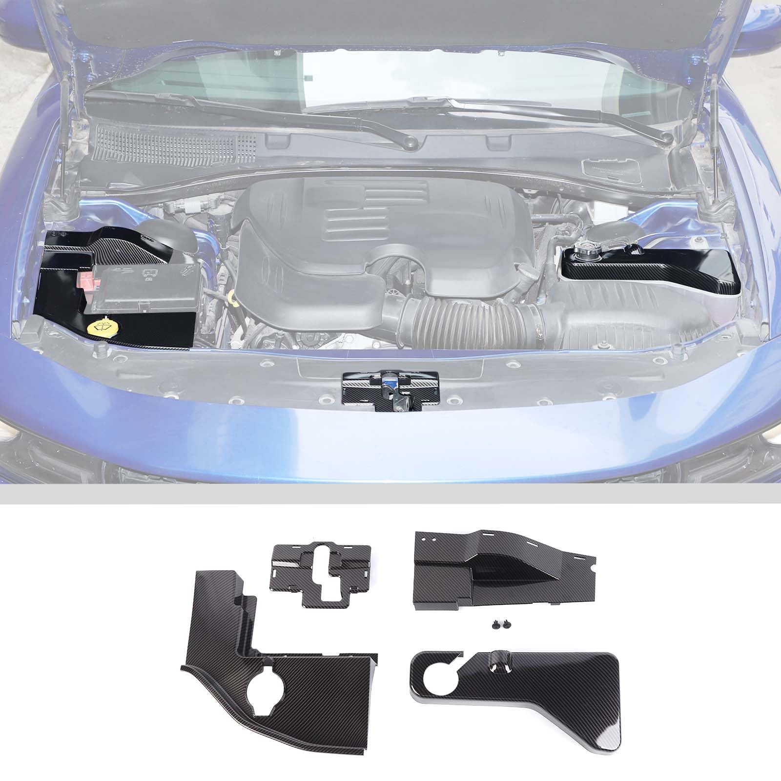 Photo 1 of JWWY 4PCS Engine Accessories Trim Kit for 2011-2025 Dodge Charger – ABS Carbon Fiber (Engine Wire Dust Cover, Coolant Cap, Hood Lock & Washer Reservoir Covers)