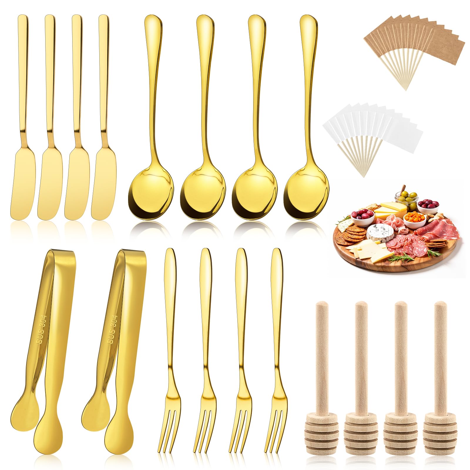 Photo 1 of 38 Pcs Charcuterie Boards Accessories, Gold Stainless Steel Charcuterie Utensils Set, Including Cheese Butter Spreader, Mini Serving Tongs, Knives, Spoons, Forks, Honey Dippers and Toothpick Flags