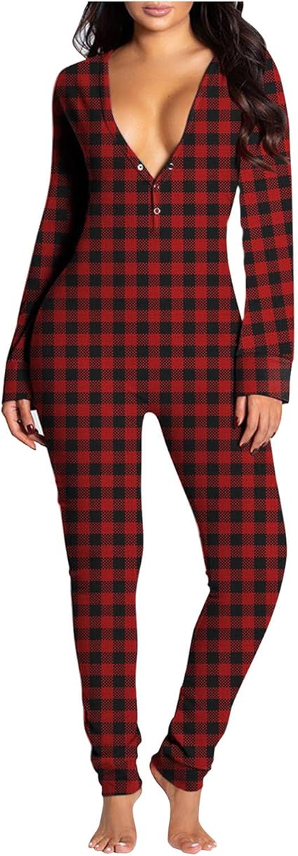 Amazon.com: Onesies Jumpsuit Pajamas Women Long Sleeve Bodycon Rompers Red Plaid Printed Deep V 