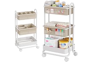 Baby Diaper Caddy Organizer Cart - 3 Tier Rolling Storage Cart with Wheels, Baby Essentials for Nursery Storage, Detachable D