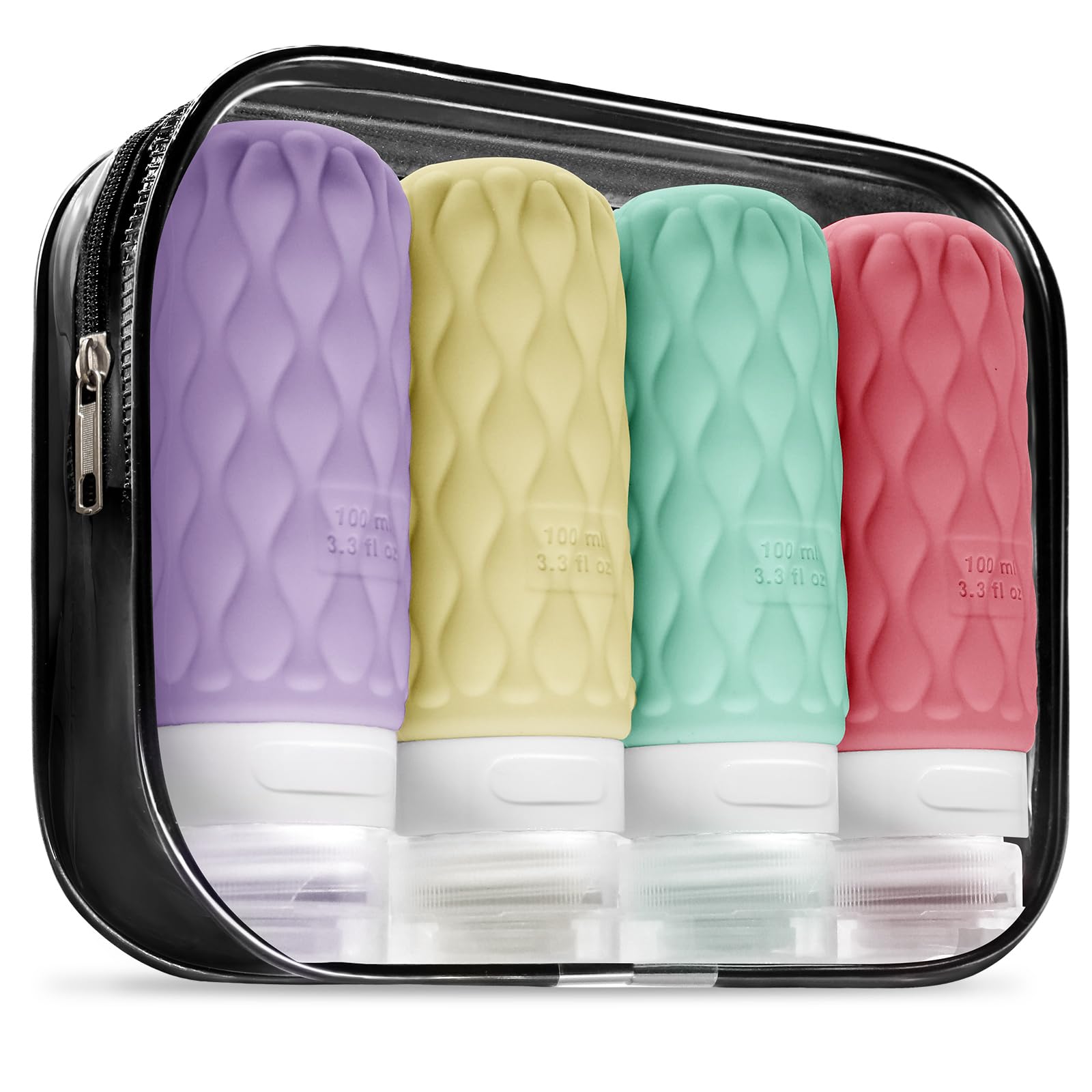 Lericttor 100ml Silicone Travel Bottles for Toiletries with Labels/Clear Bag, Holiday Travel Essentials Leakproof Refillable Squeeze Travel Size Containers Set for Shampoo and Conditioner