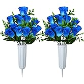 XONOR Artificial Cemetery Flowers, Set of 2 Artificial Rose Bouquet Grave Memorial Flowers with Vase for Cemetery Headstones Decoration (Blue)