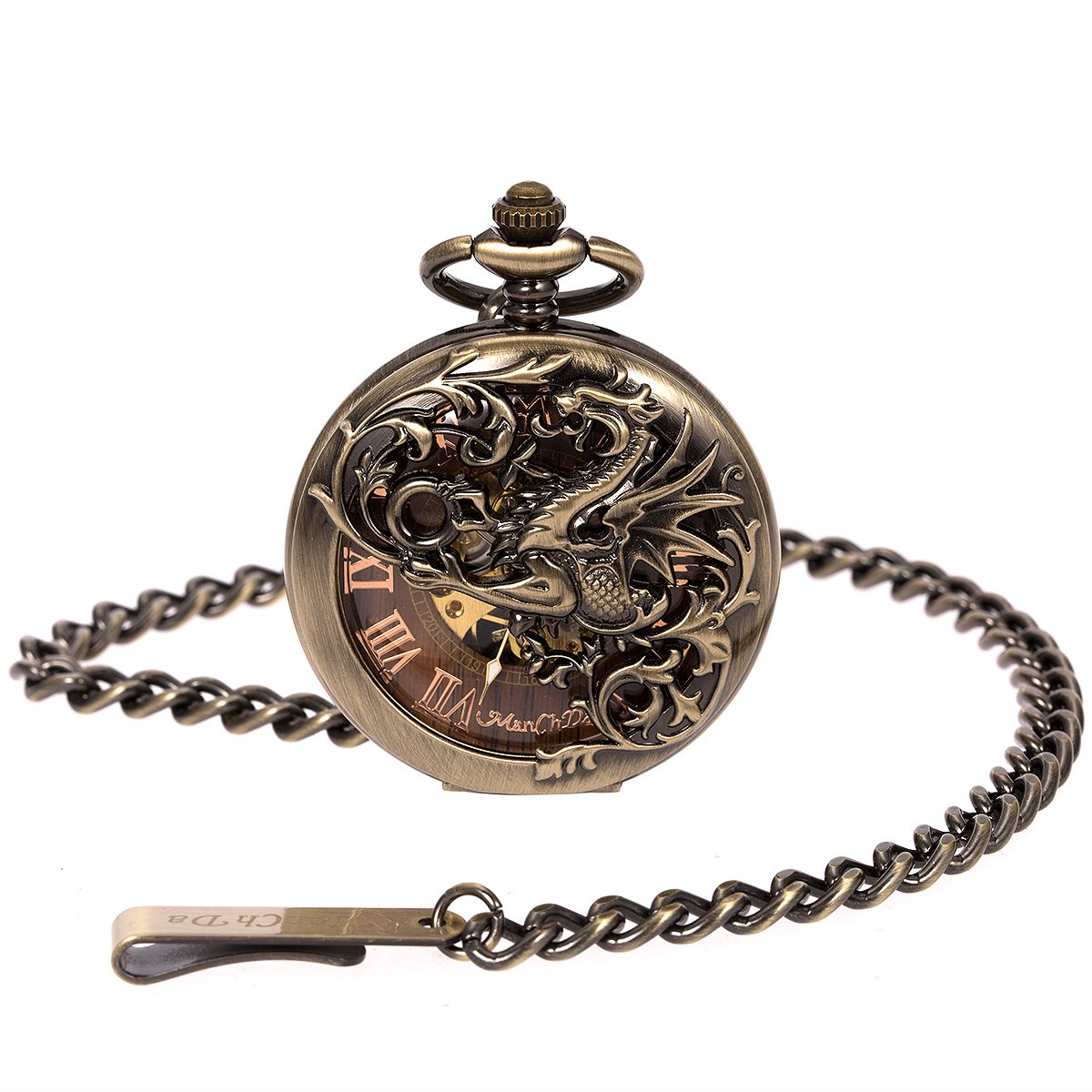 ManChDa Mens Skeleton Mechanical Pocket Watch Bronze Dragon Hollow Double Hunter Roman Numerals Dial with Chain and Gift Box