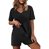 Ekouaer Womens 2 Piece Lounge Sets Summer Two Piece Outfits Ribbed Knit V Neck Short Sleeve Tee and Pockets Shorts Sets