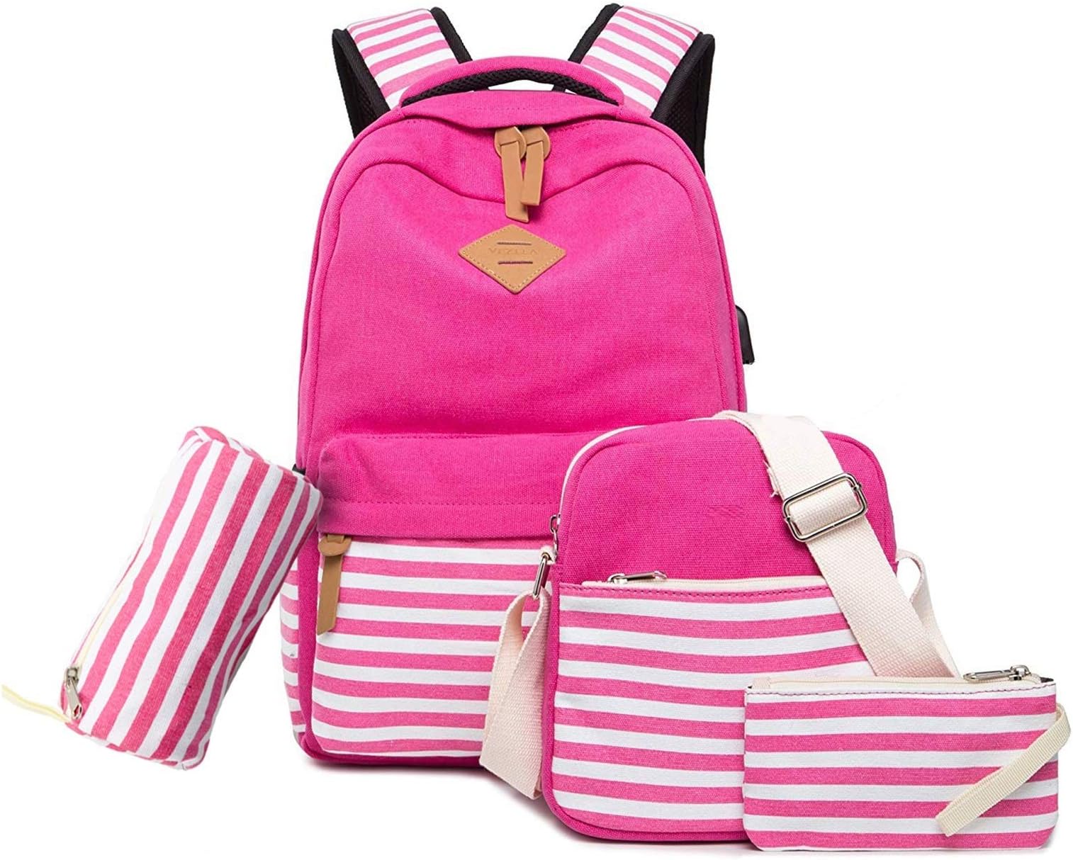Set of 4 Casual Laptop Bag (35L) with USB Charging Feature with Lunch Bag, Pencil Case & Pouch, School Bag for Girls and Boys, College Bags for Girls, Laptop Backpack
