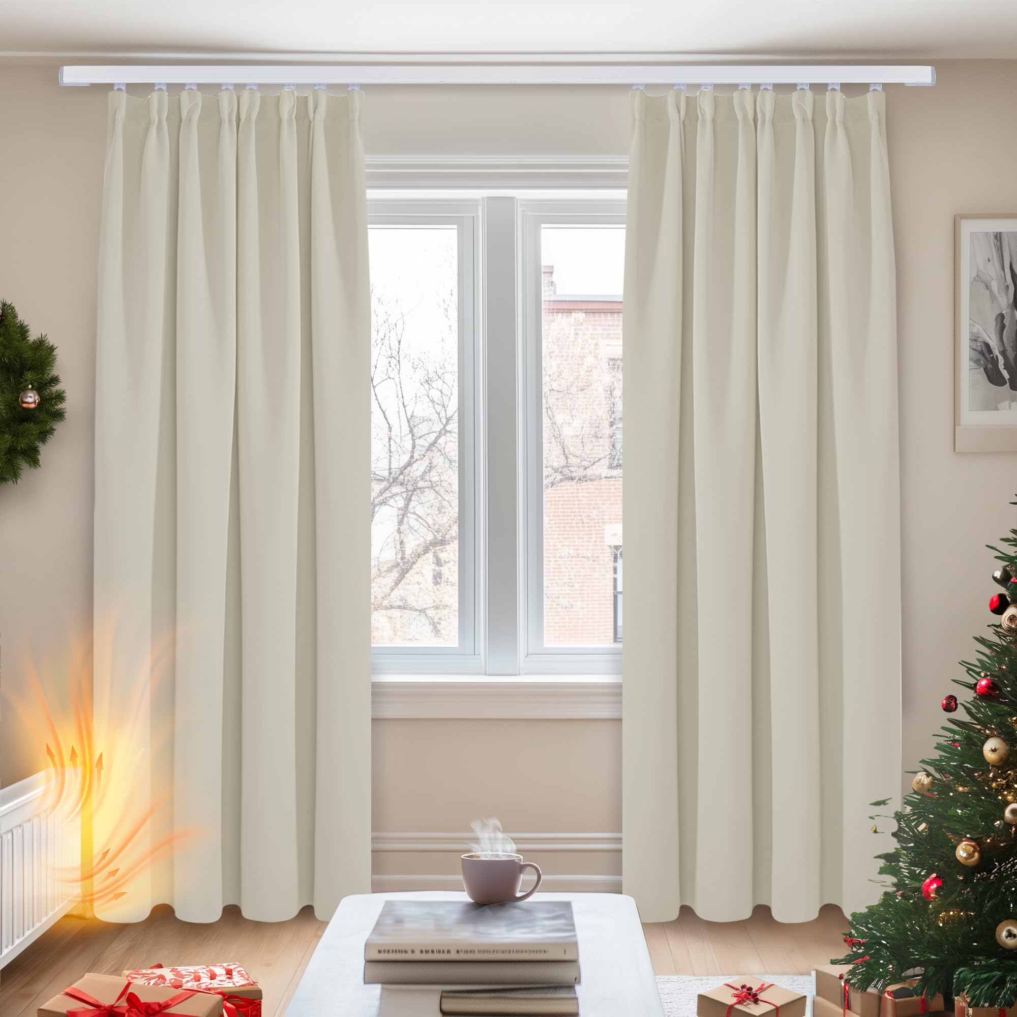Deconovo Super Soft Thermal Insulated Pencil Pleat Room Darkening Curtains 90 x 90 Inch Light Beige 2 Panels