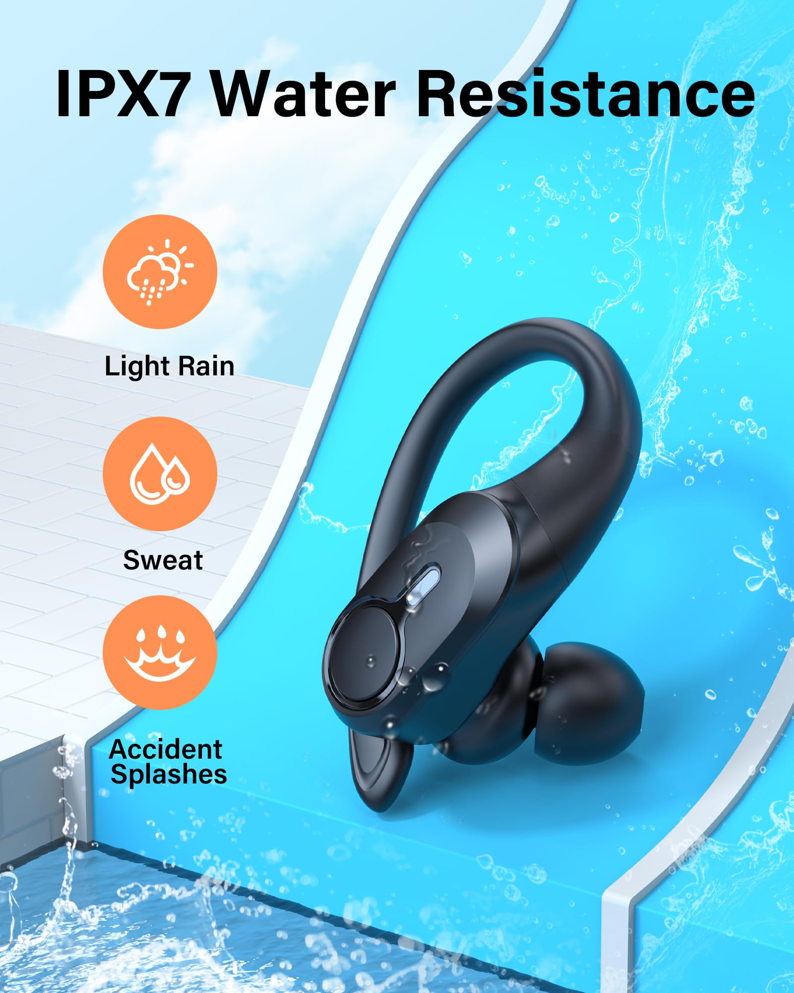 BOLOXA Wireless Earbuds, 70H Playtime Ear Buds, Bluetooth 5.3 Headphones, Sports Earphones with Earhooks, Wireless Charging Case with LED Power Display, Black