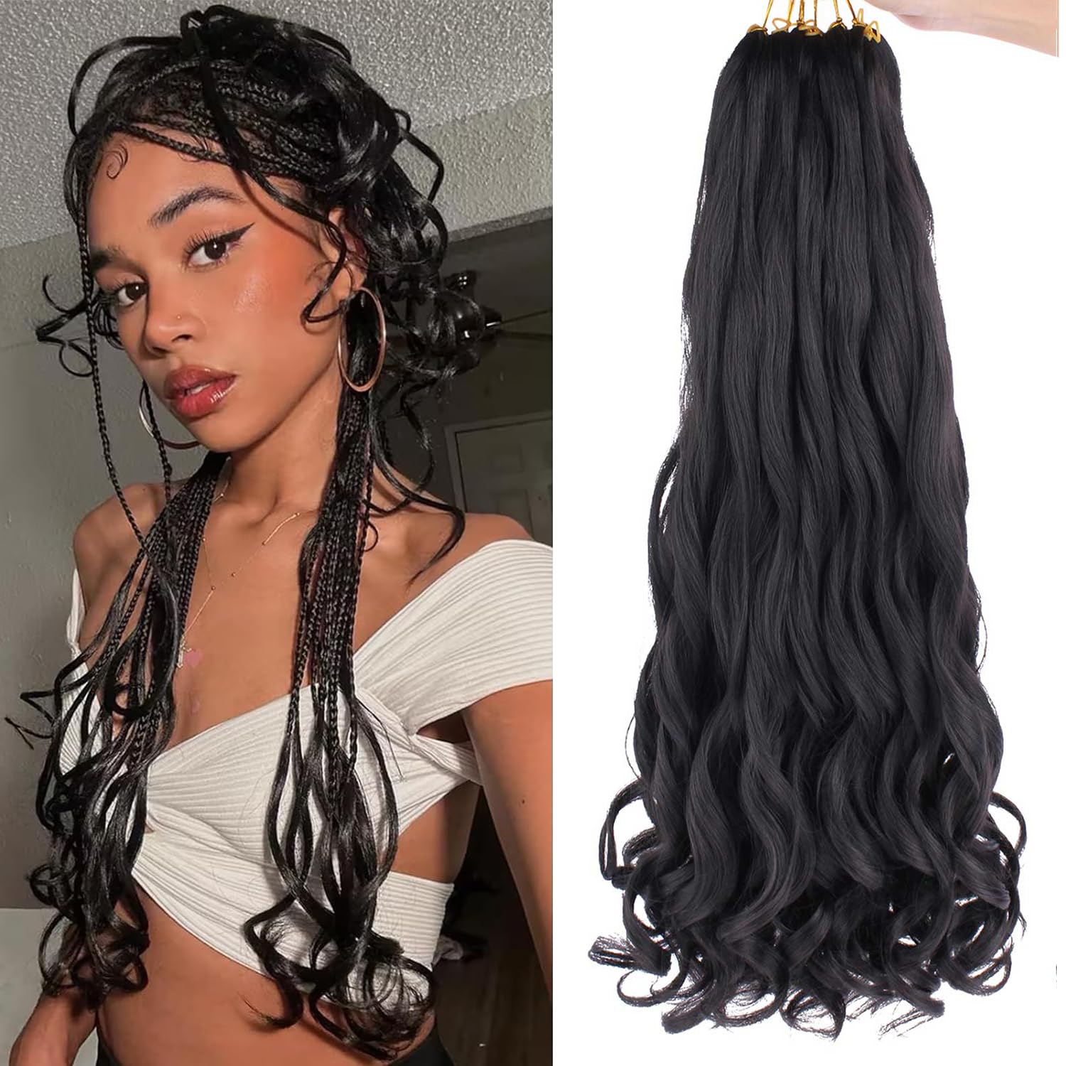 Xtrend Pre Stretched French Curly Braiding Hair 26 Inch 8 Packs Bouncy Loose Wave Braiding Hair Hot Water Setting Yaki Texture Synthetic French Curls for Women Black Hair Extensions(26 Inch,1B#)… — image 1