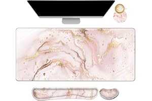 ARTSO Large Gaming Mouse Pad, Keyboard Wrist Rest Pad & Wrist Support Mousepad Set, Stitched Edge, Extended, Non-Slip Base, Memory Foam,Multifunctional Desk Mat 4pcs for Office & Home, Pink Marble