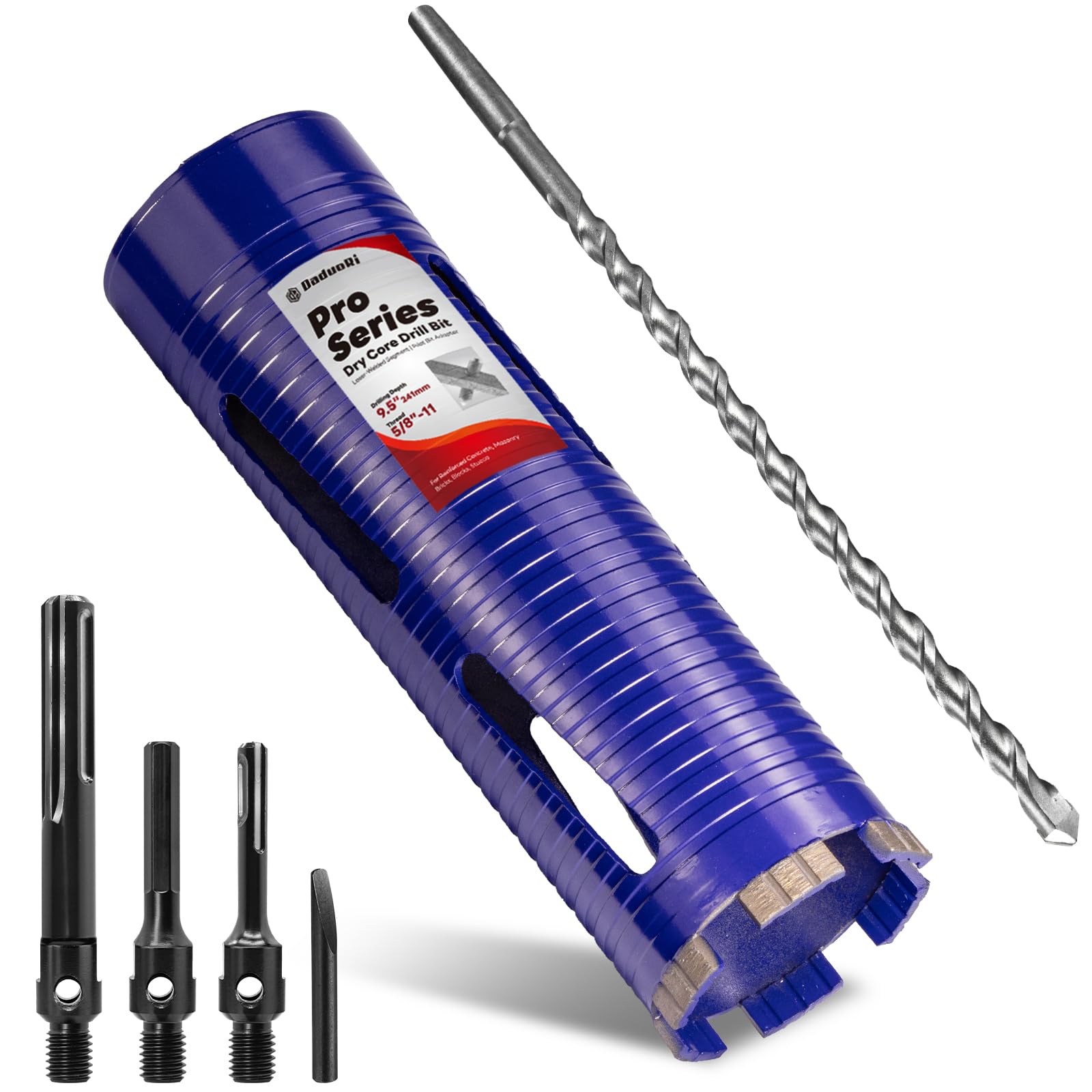 Photo 1 of DaduoRi 3" Pro Dry Core Drill Bit with Pilot Bit & 3 Adapters (SDS Plus/SDS Max/1/2 Hex), Upgraded-Welded Blade Core Bits for Concrete with Rebar, Masonry, Brick, Mortar - 9.5" Depth, 5/8"-11 Thread